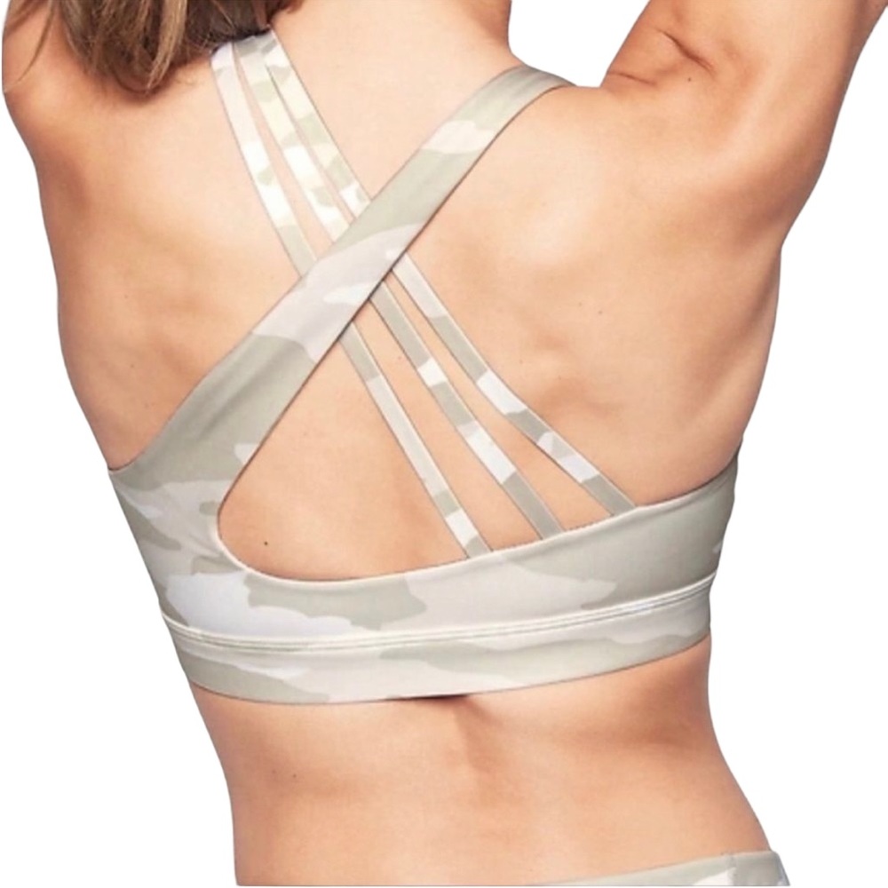 Athleta Run Free Asymmetrical Strappy Back Camo Sports Bra LARGE